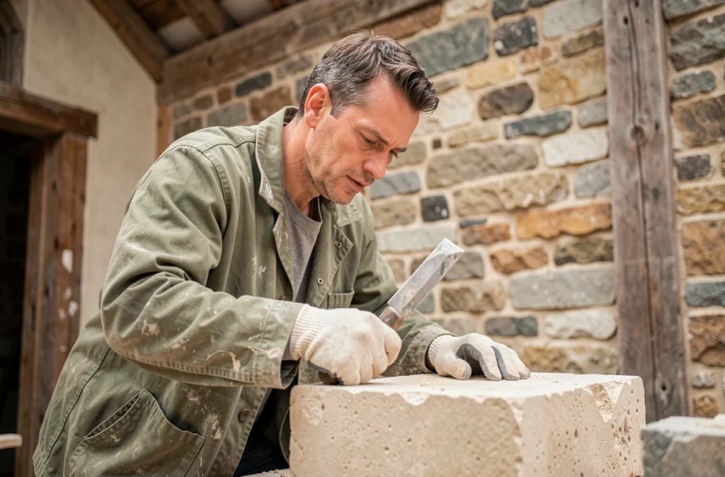 Cédric Macke, artisan maçon, taillant un bloc de grès pour la rénovation d'une maison traditionnelle dans le Pas-de-Calais