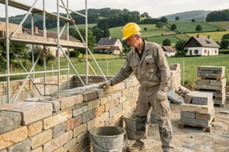 Maçon professionnel inspectant un mur en pierre sur un chantier de construction en Isère avec des collines verdoyantes en arrière-plan