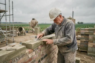 Maçon professionnel sur un chantier de construction dans le Pas-de-Calais, posant des pierres sur un mur traditionnel