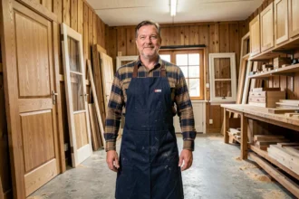 Vue d'ensemble d'un atelier de menuiserie artisanale en Vendée avec un menuisier expérimenté entouré de portes, fenêtres et boiseries.