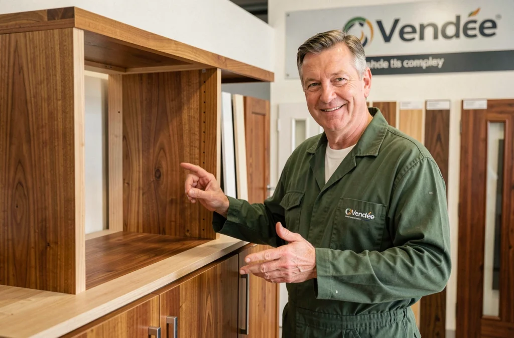 Menuisier de la Menuiserie Gautier JPG Gautier présentant un meuble de cuisine sur mesure dans leur showroom en Vendée.