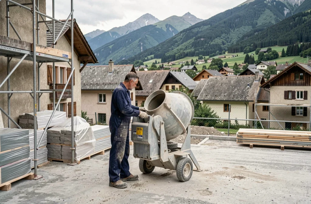 Artisan MGCP utilisant une bétonnière sur un chantier résidentiel dans un village d'Isère avec montagne en arrière-plan