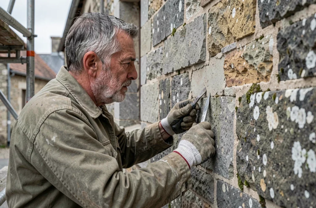 Michel Minard, maçon vétéran, rejointoyant les joints d'un mur en pierre d'une ancienne église dans le Pas-de-Calais