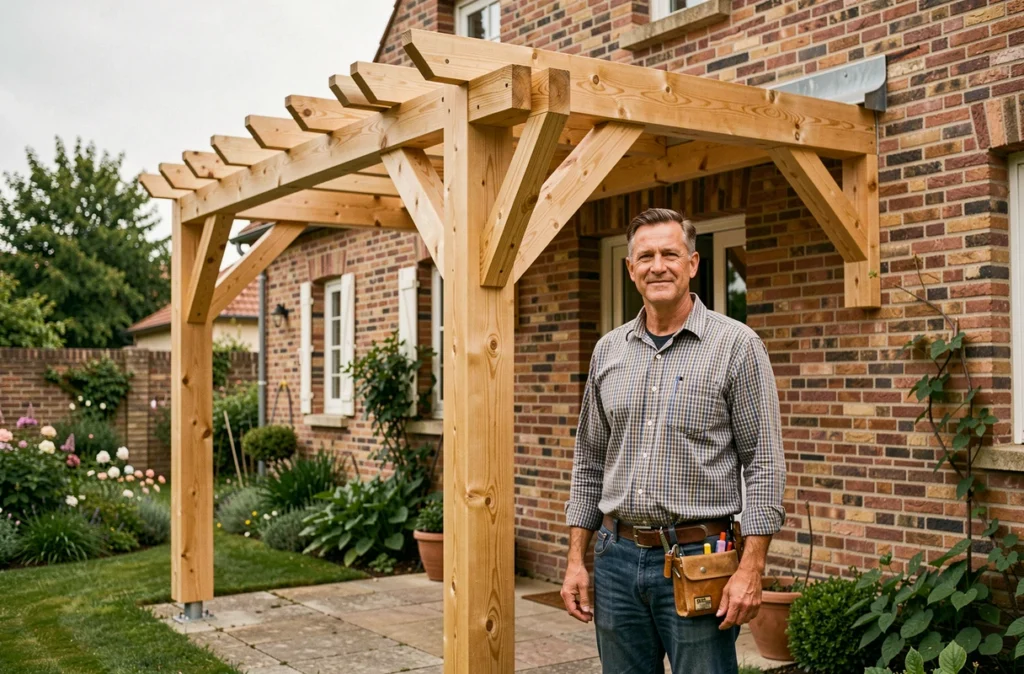 Charpentier de Nord Bois et Habitat devant une extension en ossature bois attenante à une maison en brique du Nord