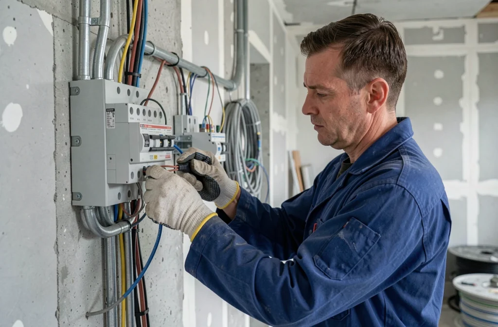 Électricien de Prime Elec câblant un tableau électrique lors d'une mise aux normes dans le Nord