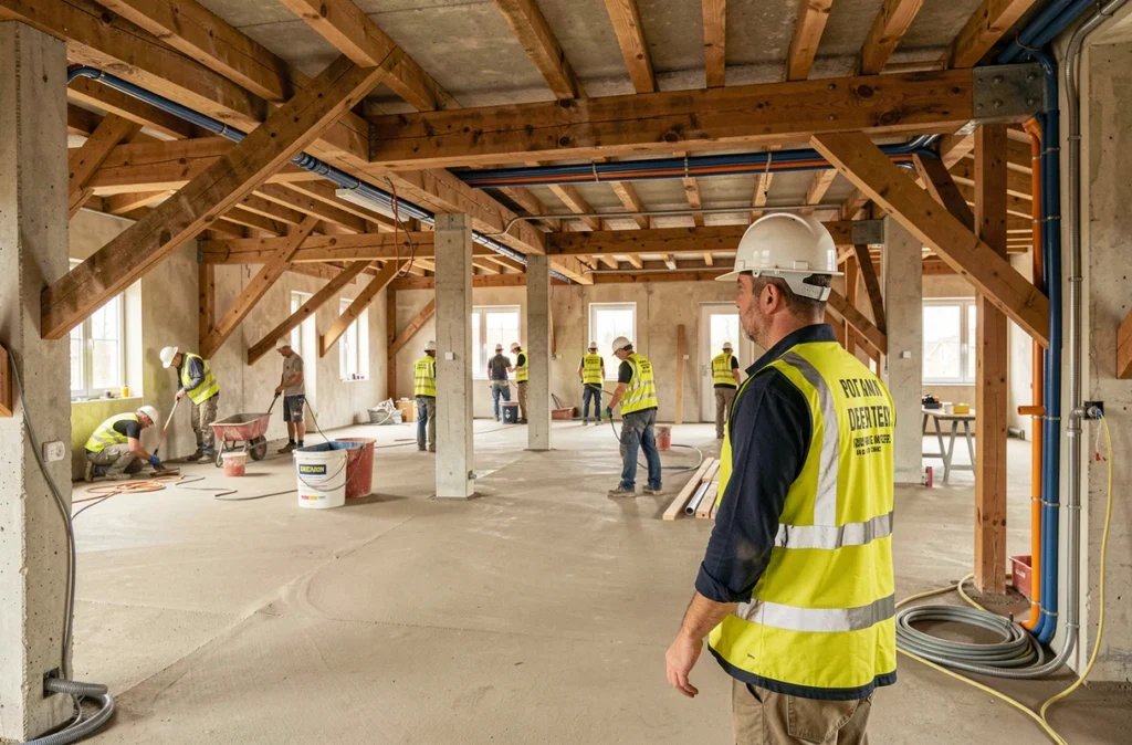 Chef de chantier de Pulselli Bâtiment supervisant une rénovation tous corps d'état dans une grande maison