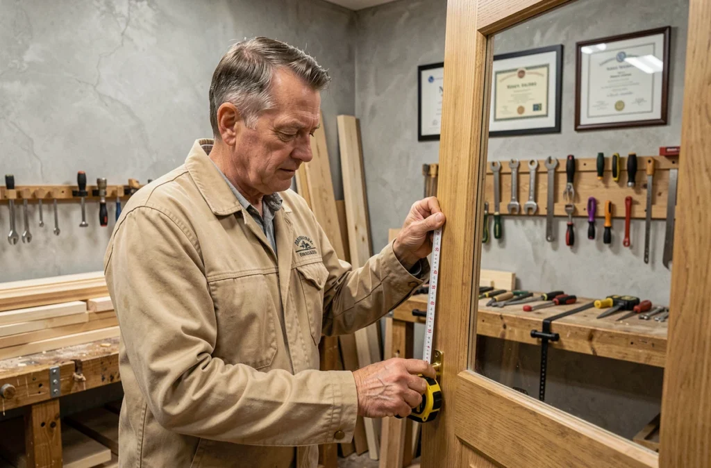 Artisan de la Sarl Chagneau-Graveleau mesurant un cadre de porte en chêne dans son atelier de menuiserie en Vendée.