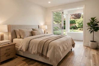 Suite parentale spacieuse avec salle de bain attenante et parquet chêne dans une maison 4 chambres moderne