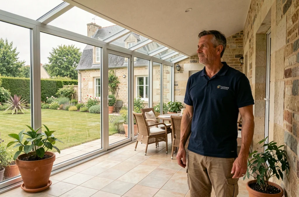 Installateur de Vérandas Dubois Menuiseries debout dans une véranda en aluminium et verre achevée sur une maison en pierre en Vendée.