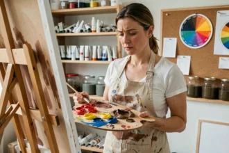 Artiste peintre tenant une palette avec des mélanges de couleurs primaires ratés donnant un marron terne, dans un atelier de peinture