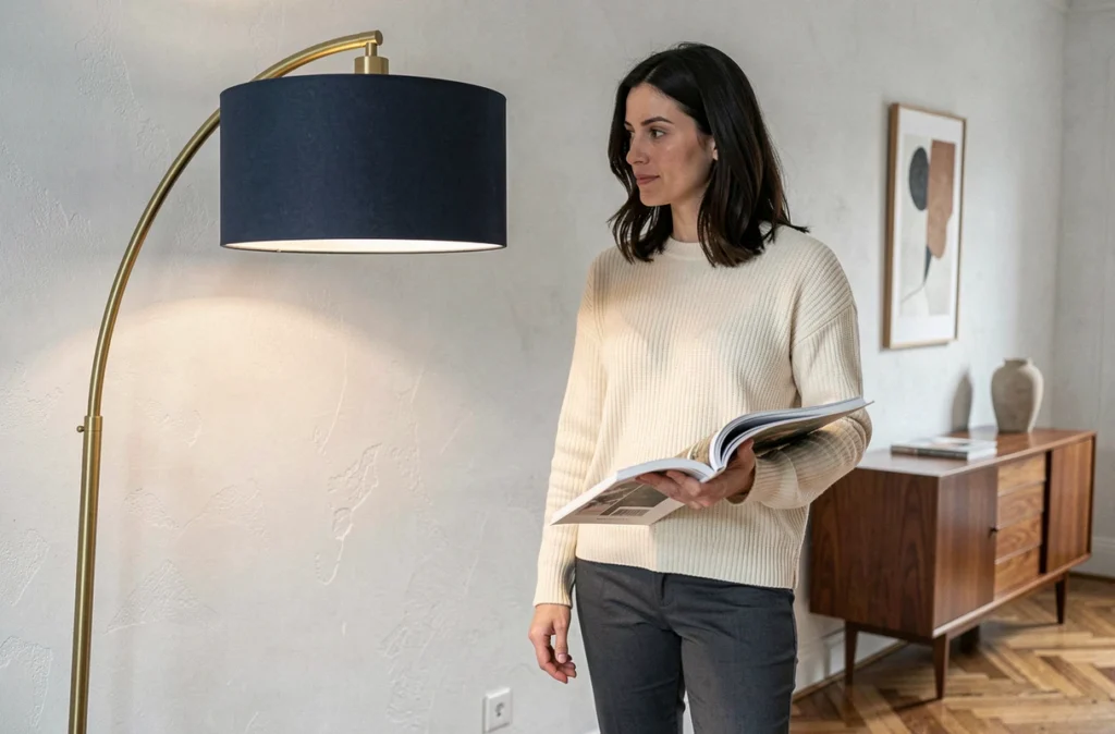 Femme debout à côté d'un lampadaire arc en laiton brossé à abat-jour bleu marine dans un appartement contemporain parisien