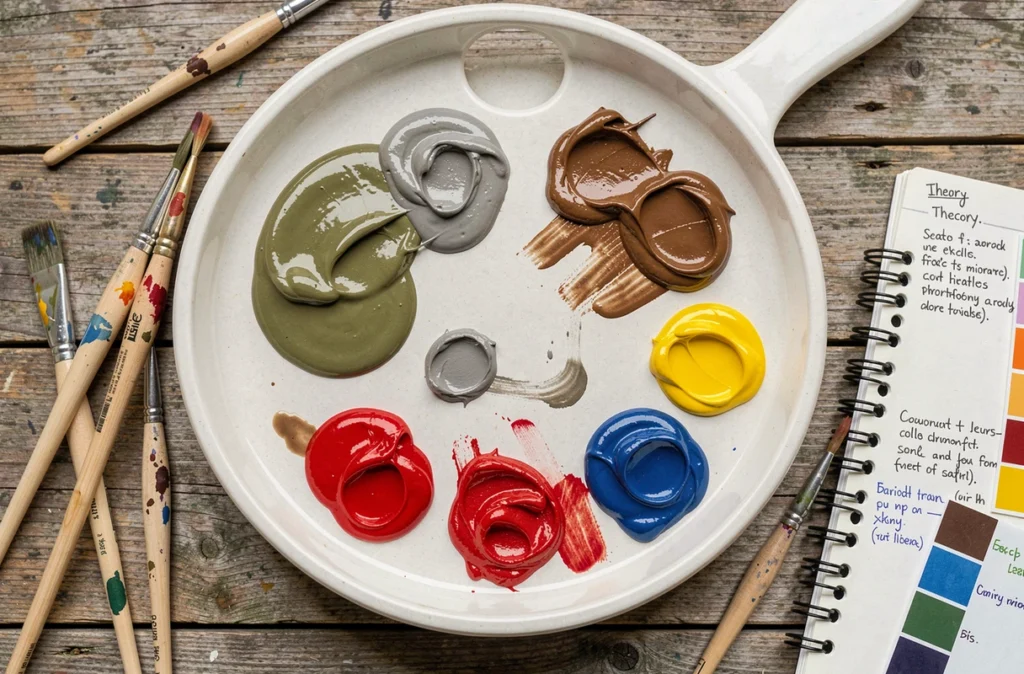 Vue de dessus d'une palette de peinture avec des mélanges ratés de couleurs primaires pour obtenir du marron, accompagnée de pinceaux et d'un carnet de notes